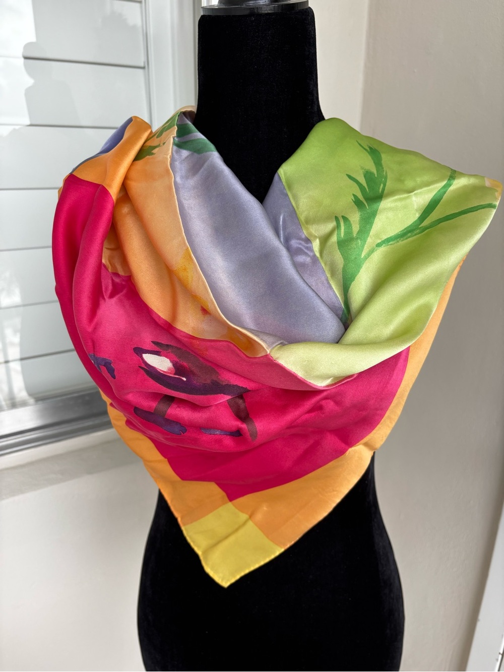 Laura Ashley 100% Silk Scarf – Vibrant Floral Color Block – Statement Accessory
